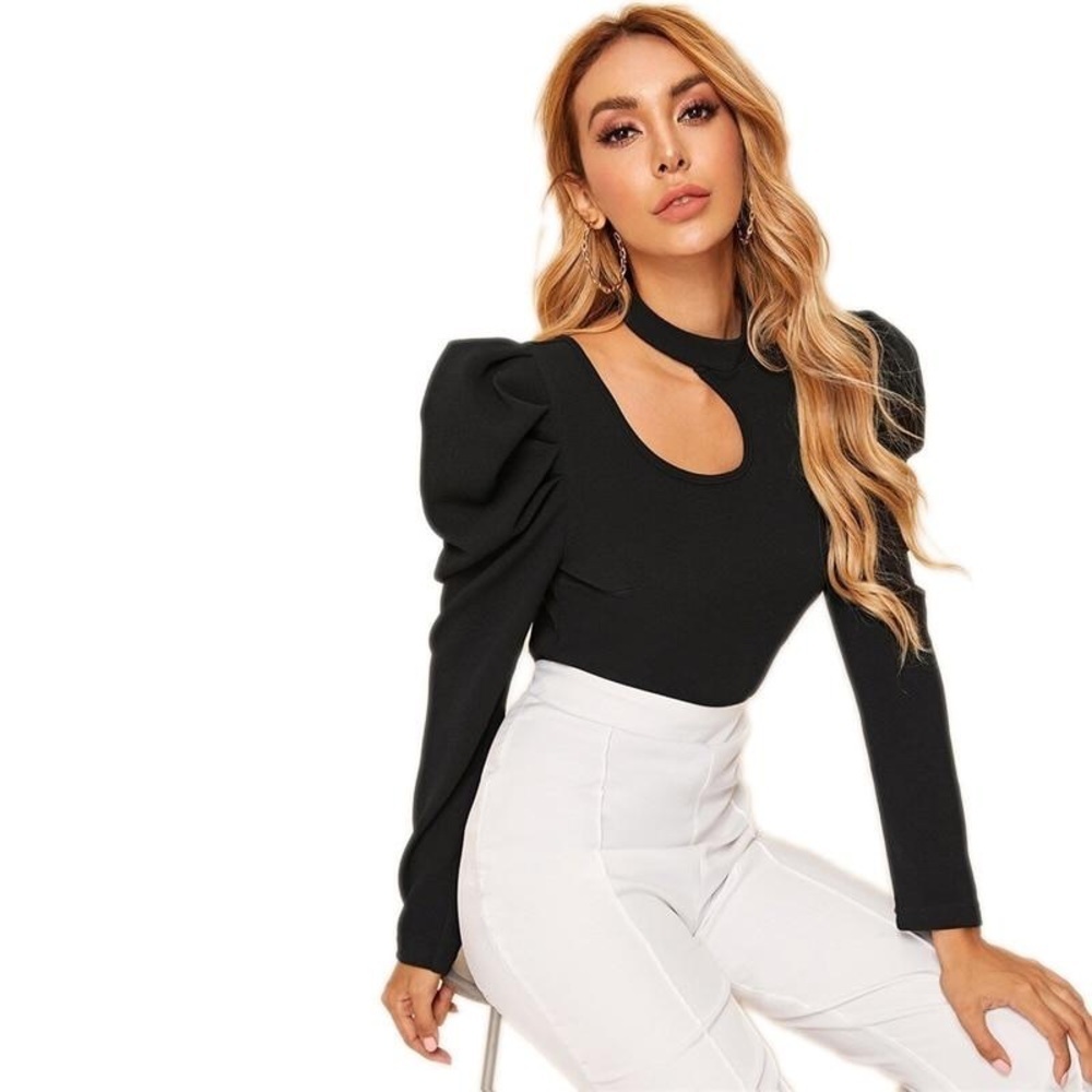 Solid Stand Collar Cut Out Mutton Sleeve Top